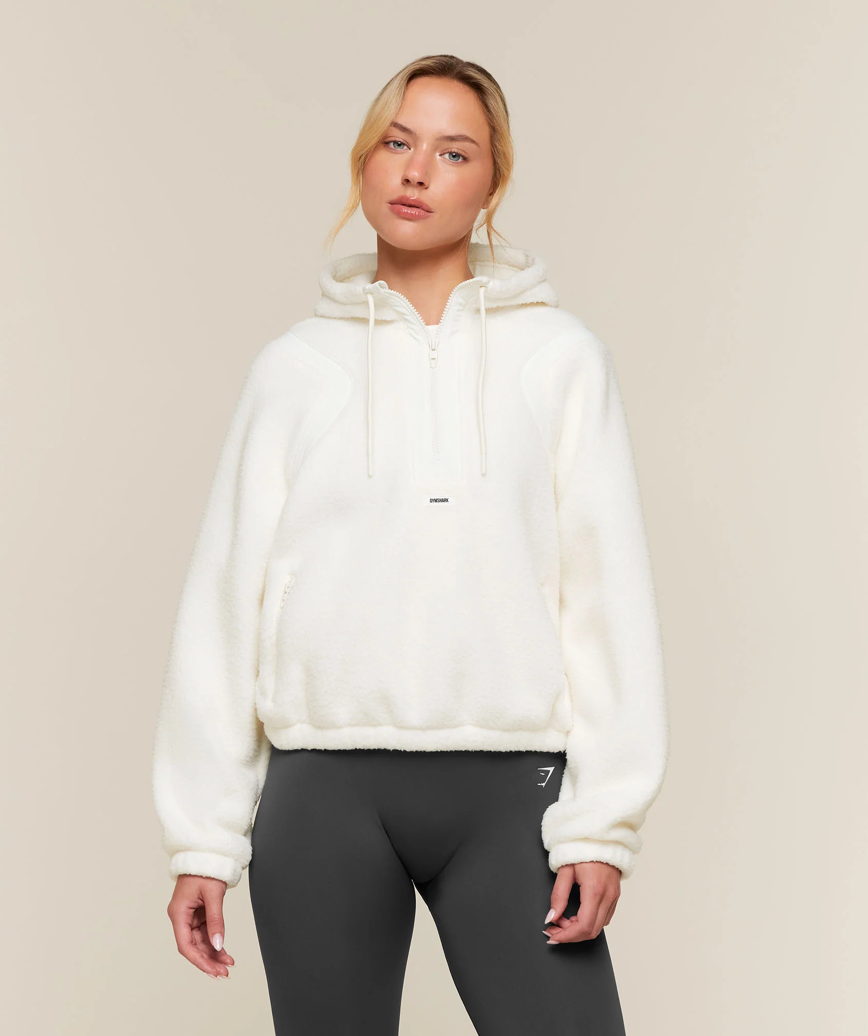 Sherpa 1/4 Zip Jacket in White with Hood and Zipped Pockets
