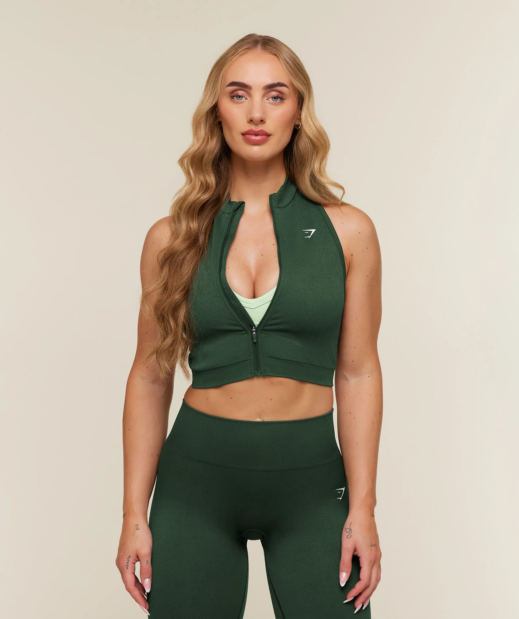Adapt Solid Zip Front Top in Green, Sleeveless Midi