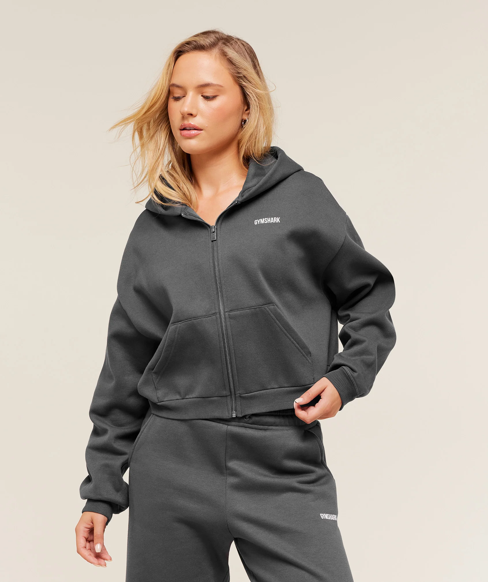 Cosy Luxe Full Zip Hoodie in Grey, Oversized Boxy Fit