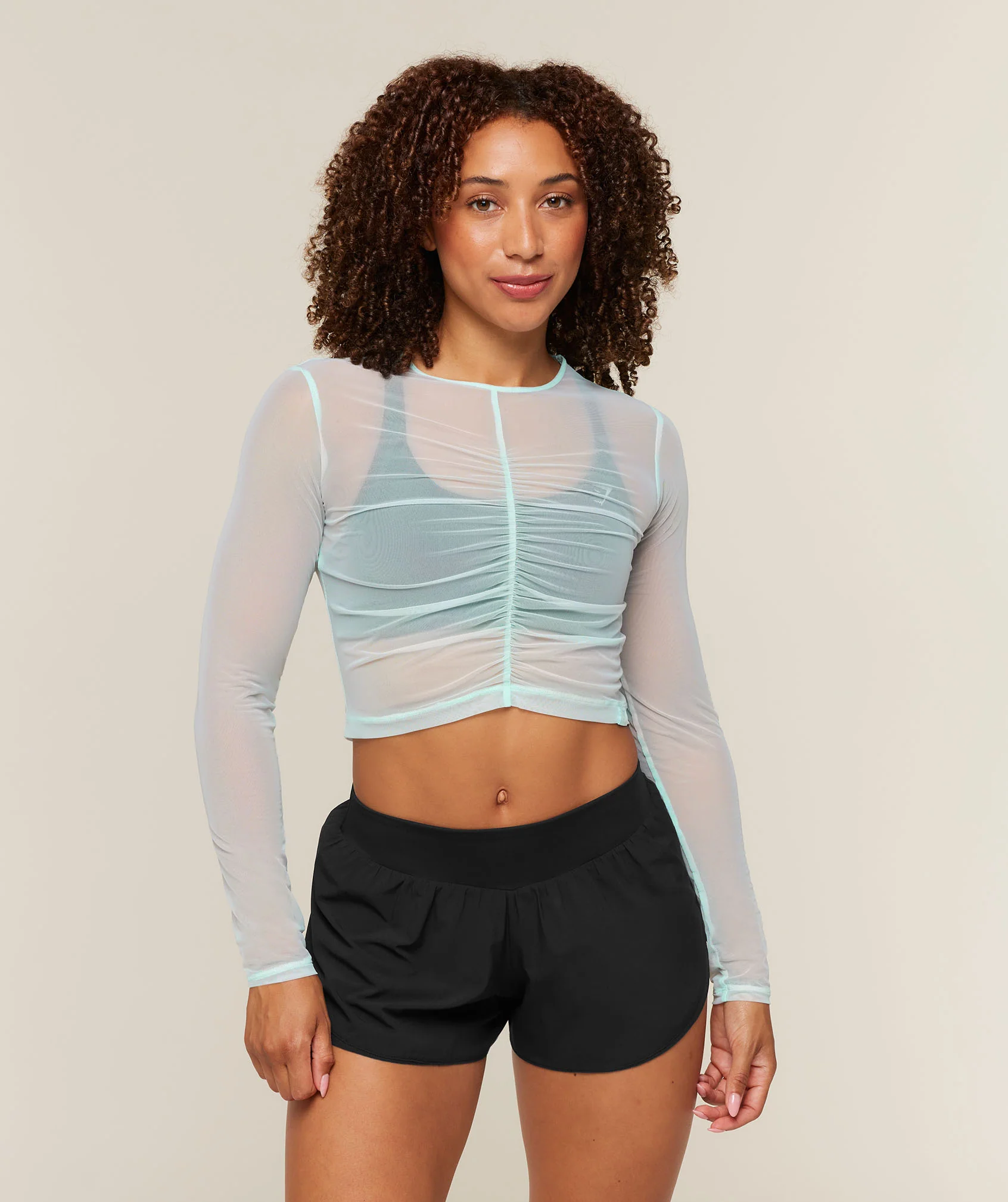 Gymshark Hybrid Mesh Long Sleeve Top Ruched Detail