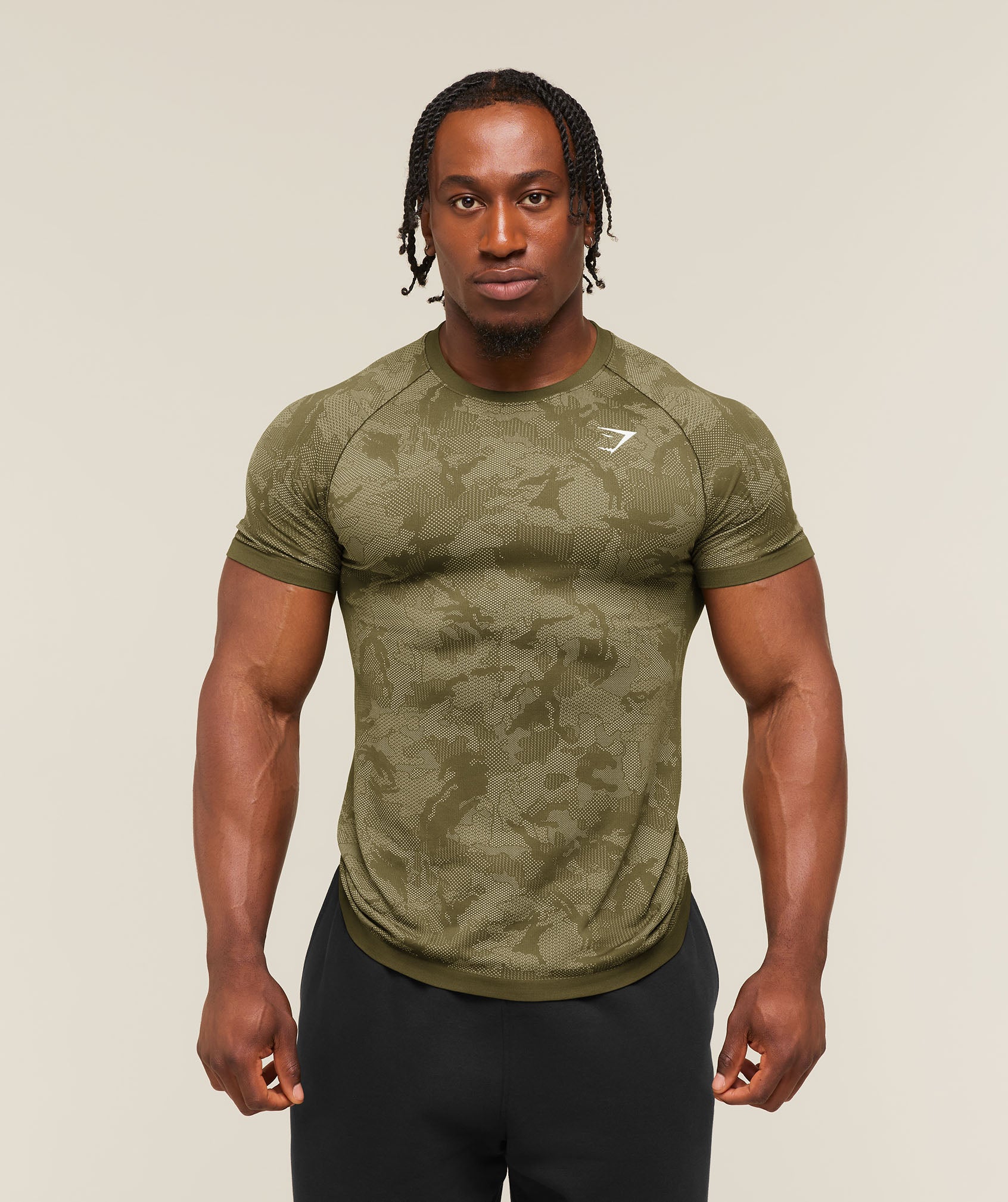 Gymshark Geo Seamless T-Shirt with Camo Pattern in Green