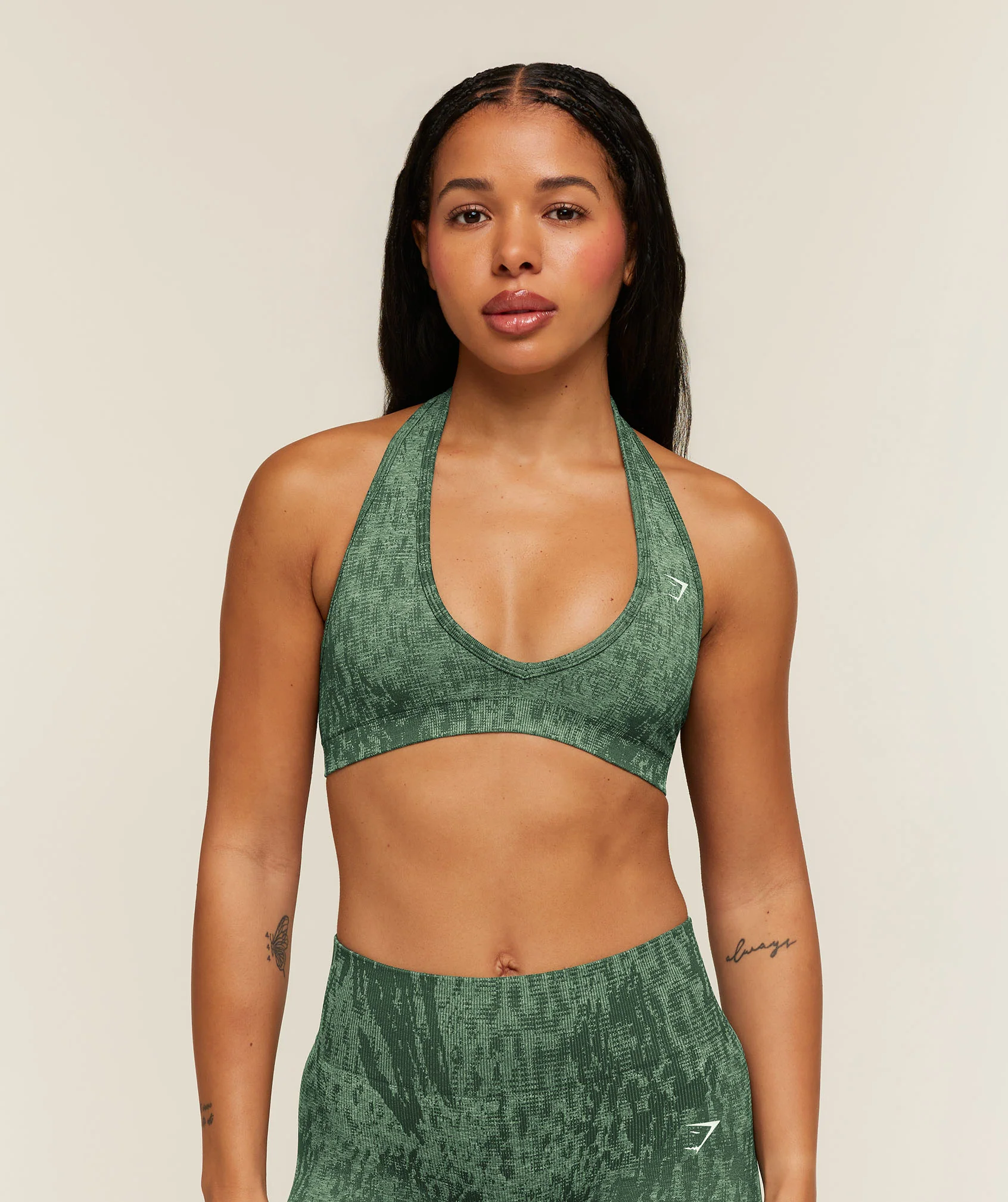 Adapt Animal x Whitney Halter Neck Sports Bra in Snow Leopard Print
