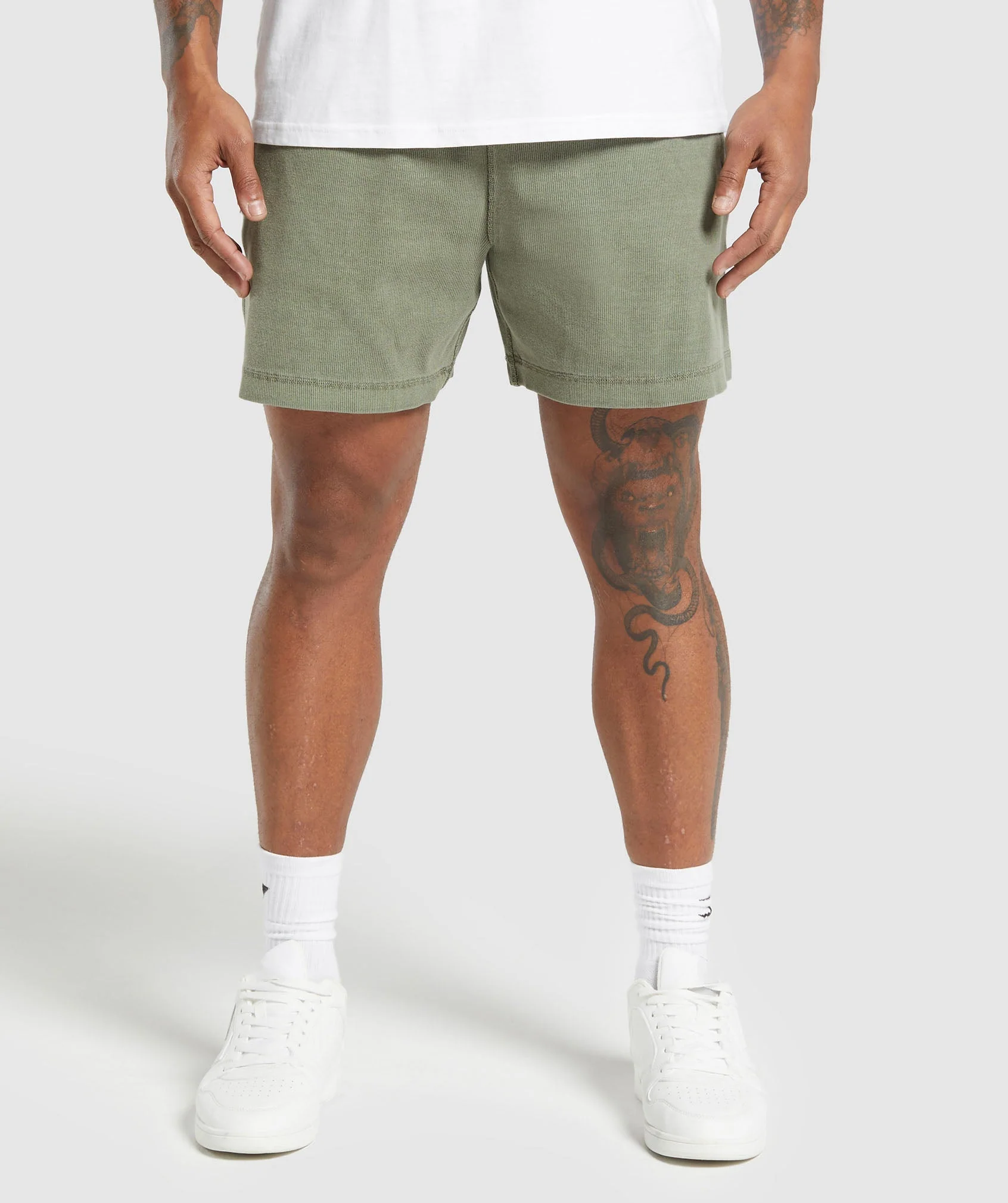 Heavyweight Ribbed Shorts in Unit Green, Oversized Fit