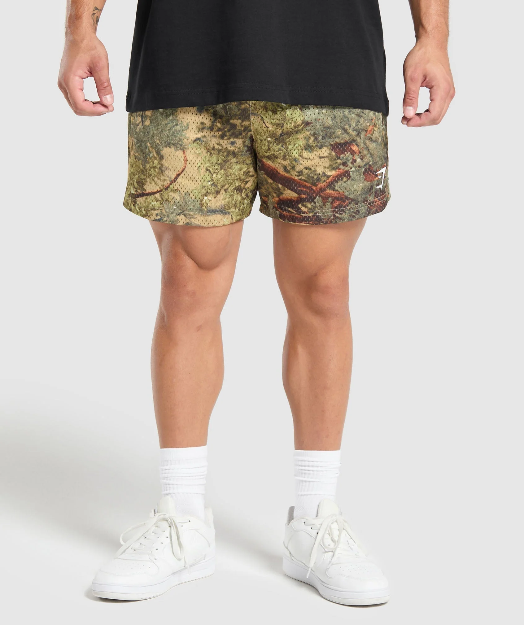 Printed Mesh 5 Inch Shorts in Sand Beige with Drawcord Waist