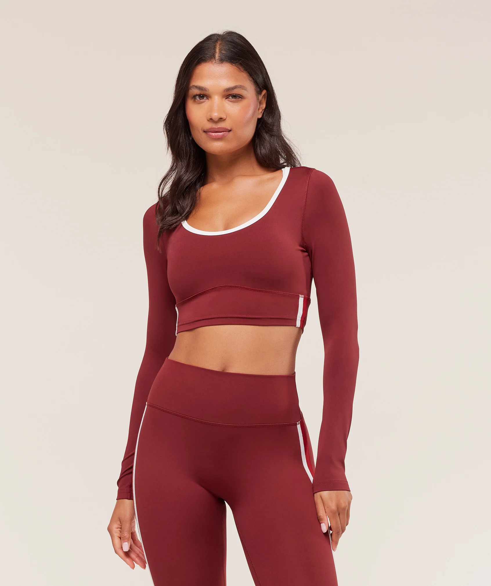 Piping Long Sleeve Crop Top in Red, Body Fit and Cropped