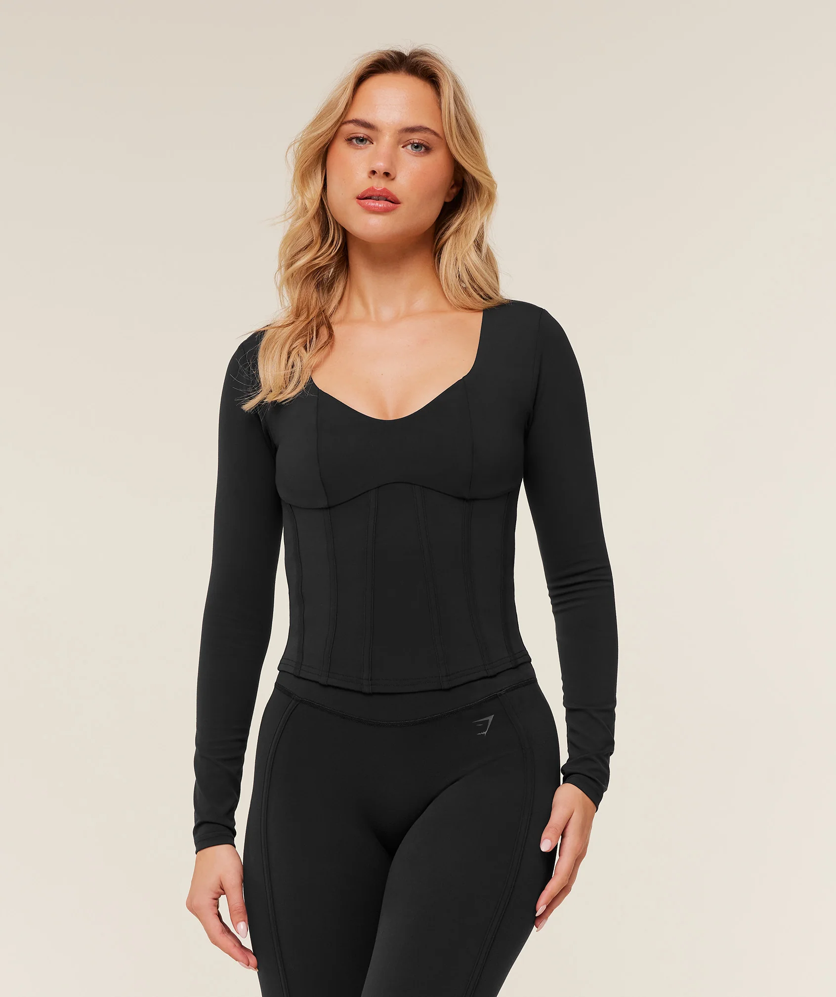 Corset Long Sleeve Crop Top with Dipped Hem