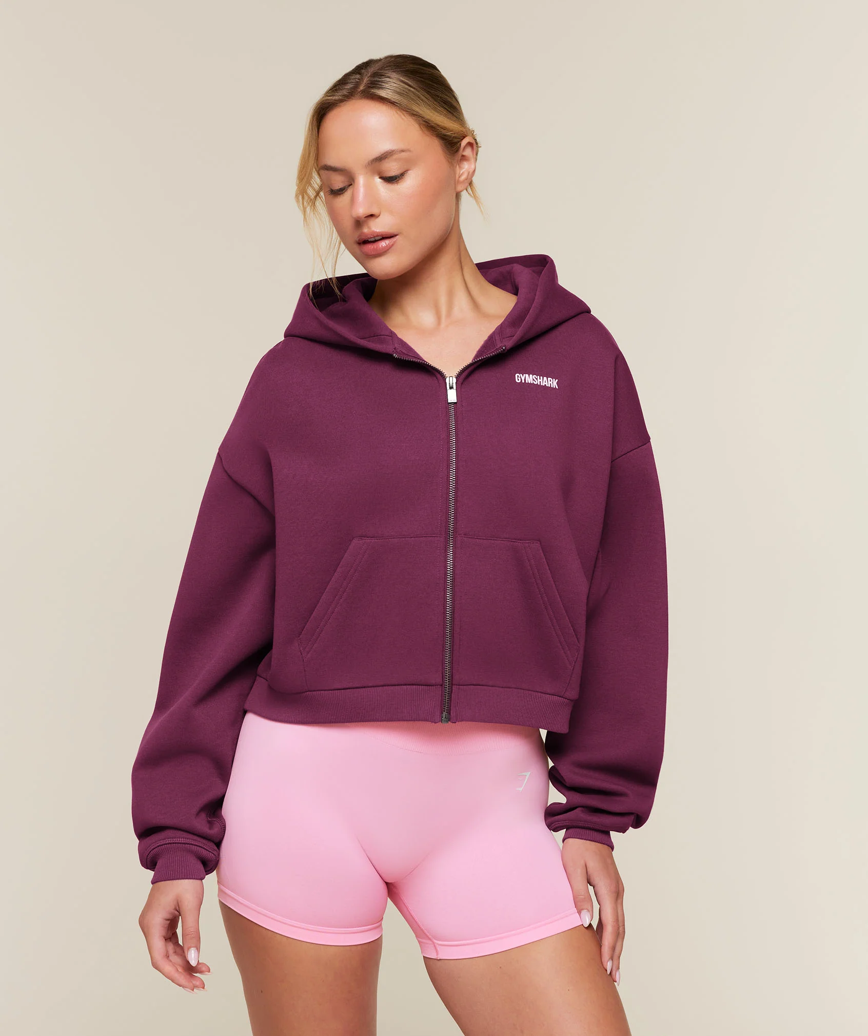 Cosy Luxe Zip Through Hoodie in Pink, Oversized Boxy Fit