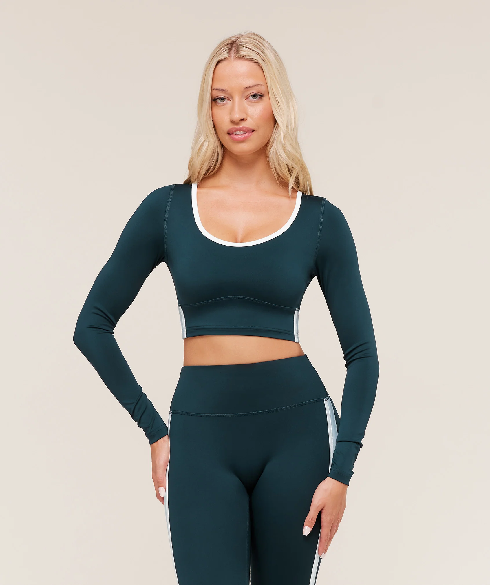 Piping Long Sleeve Crop Top in Blue with Wide Neckline