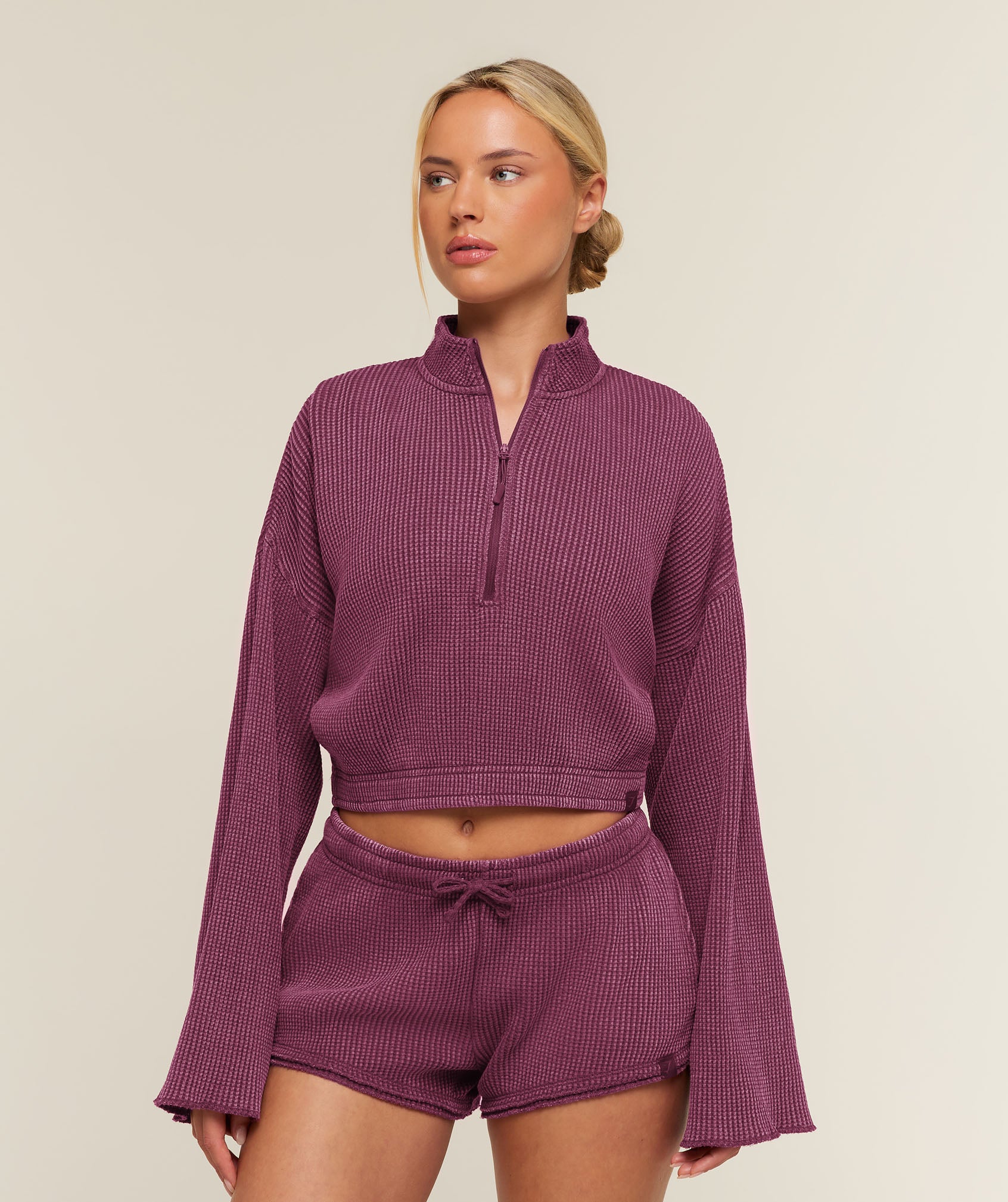 Gymshark Washed Waffle 1/4 Zip Pullover in Pink, Oversized Cropped Fit