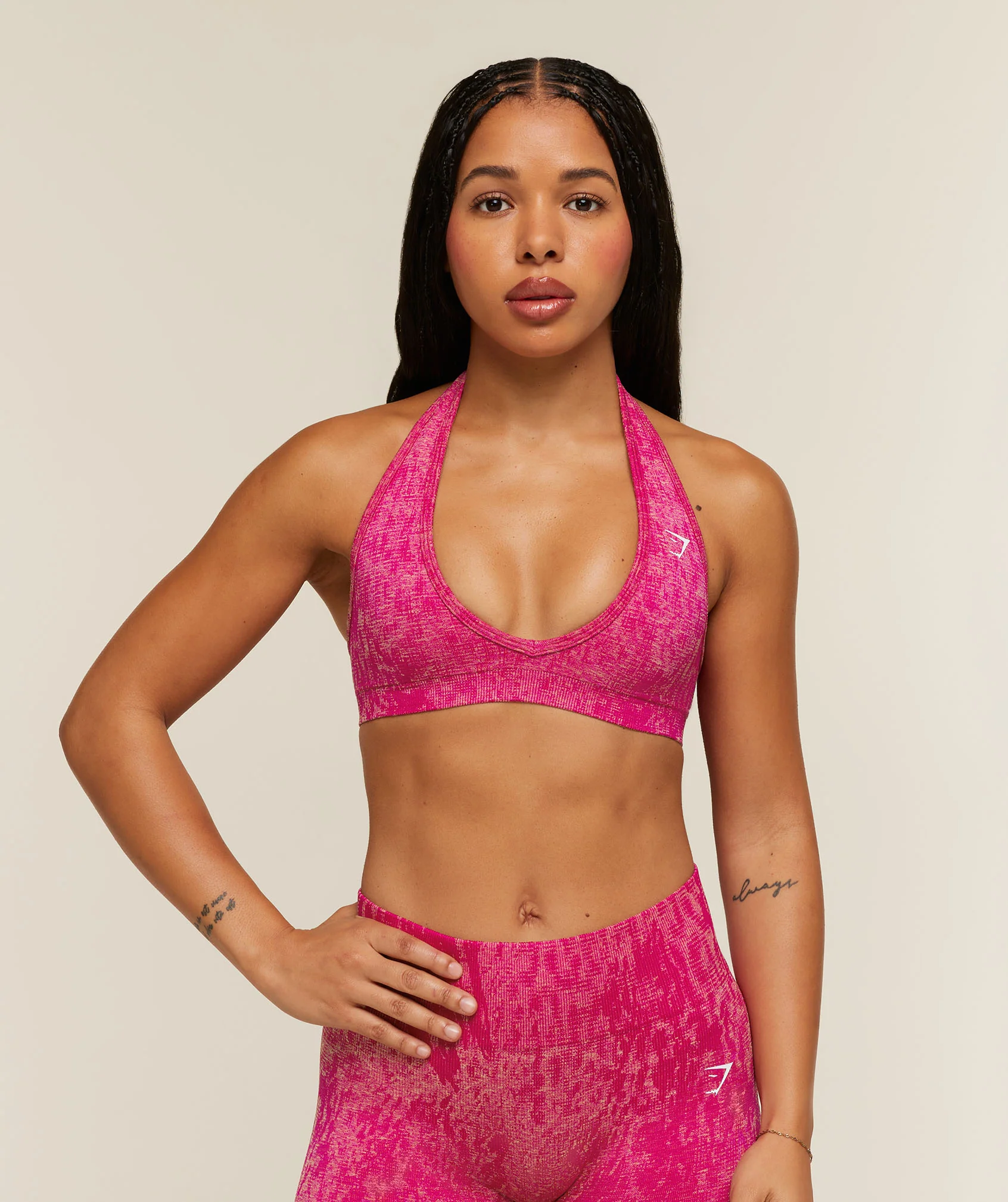 Adapt Animal x Whitney Halter Neck Sports Bra in Snow Leopard Print