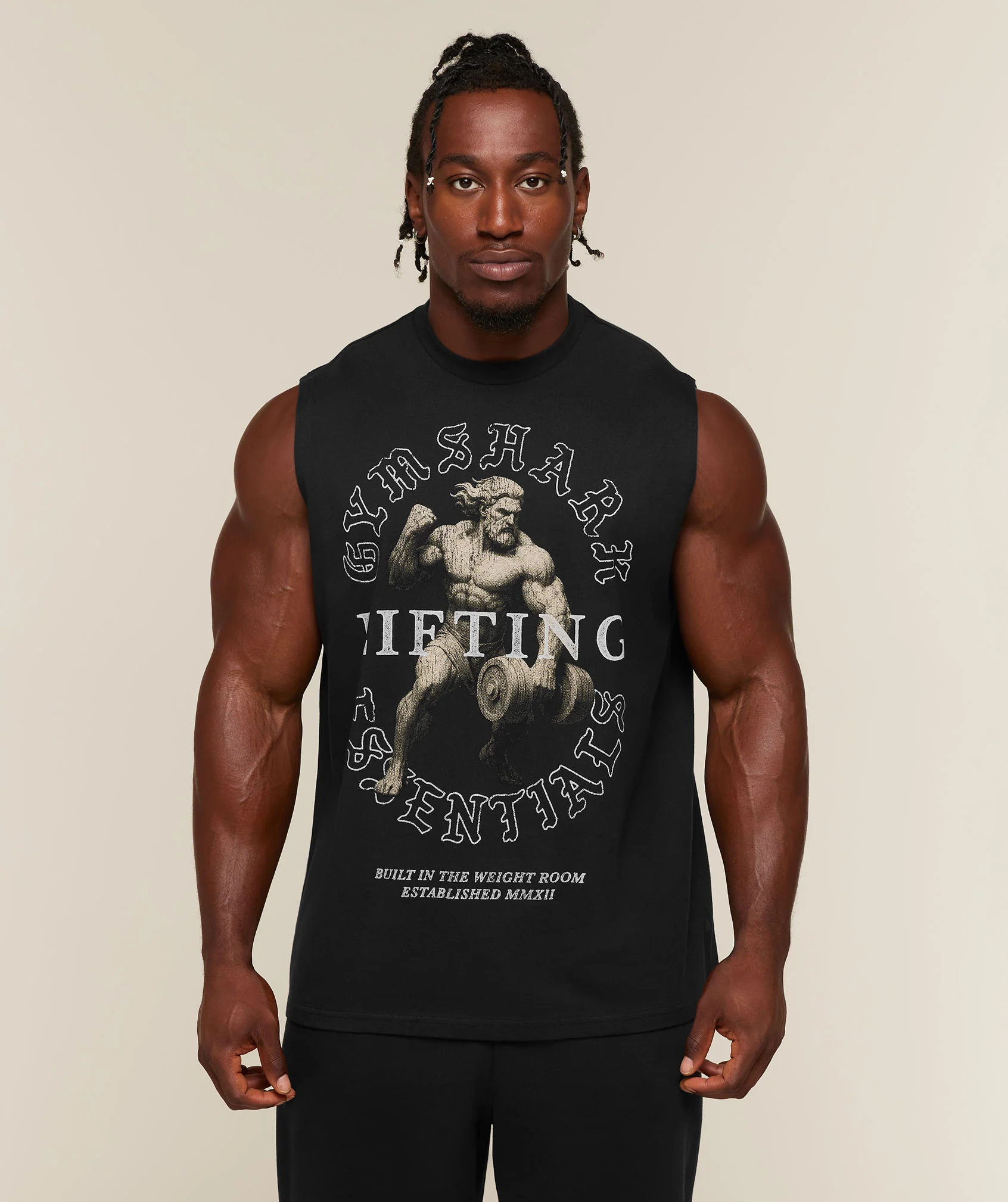 Lifting Statue Graphic Tank in Black for Gym Sessions
