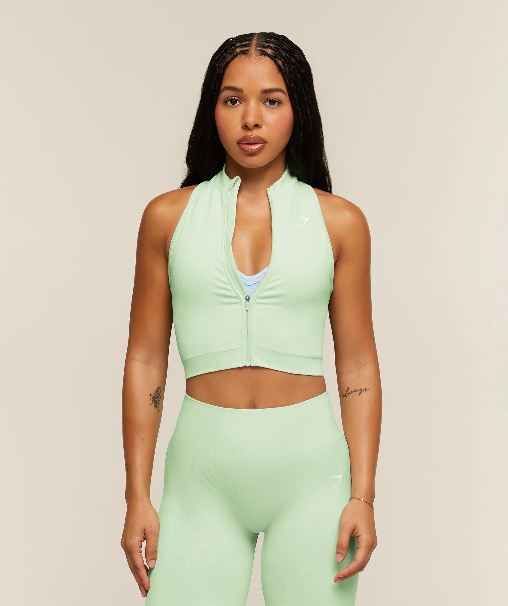 Adapt Solid Zip Front Top in Green Seamless Body Fit Midi Length