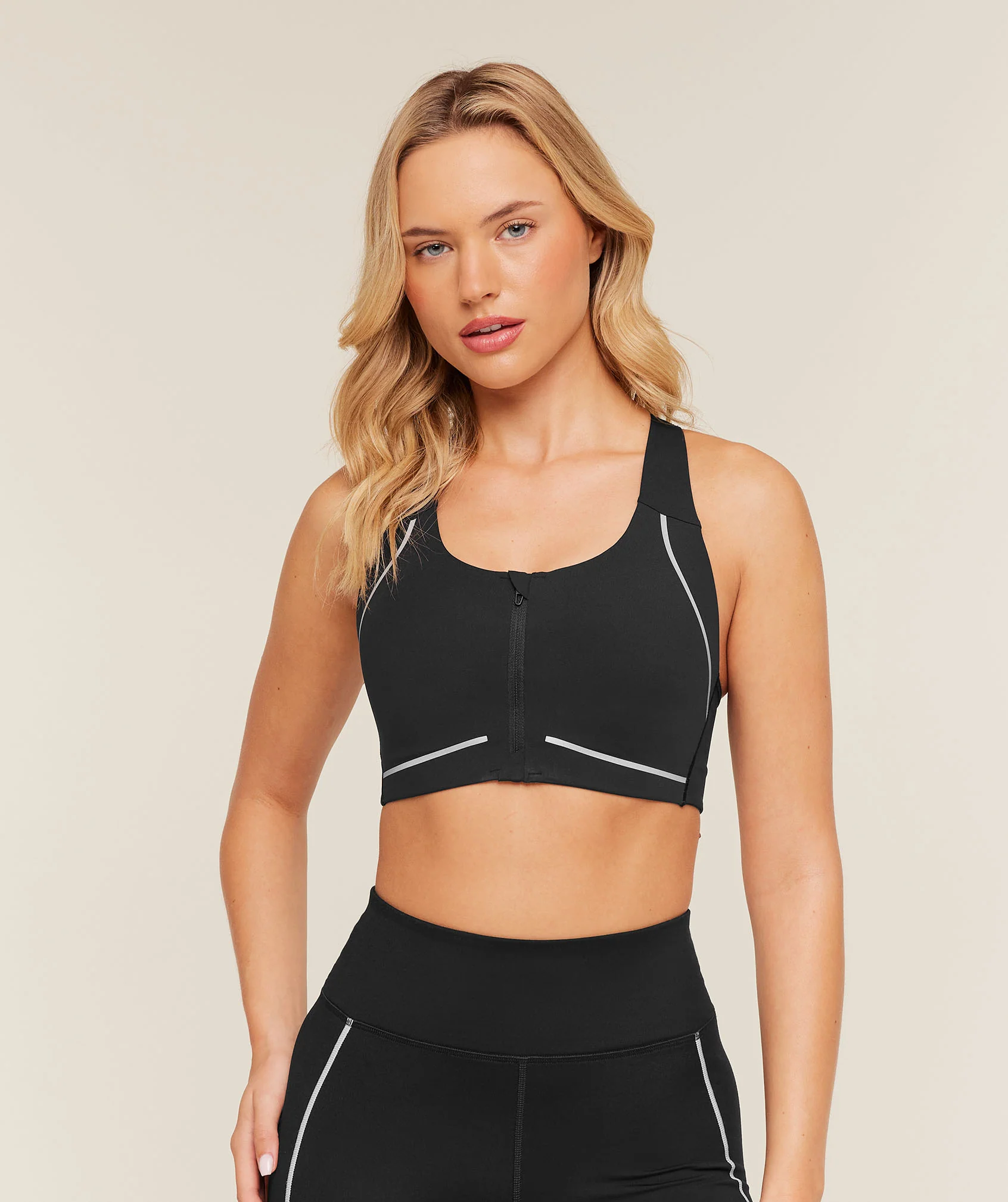 High Support Running Sports Bra with Zip Front and Reflective Tabs