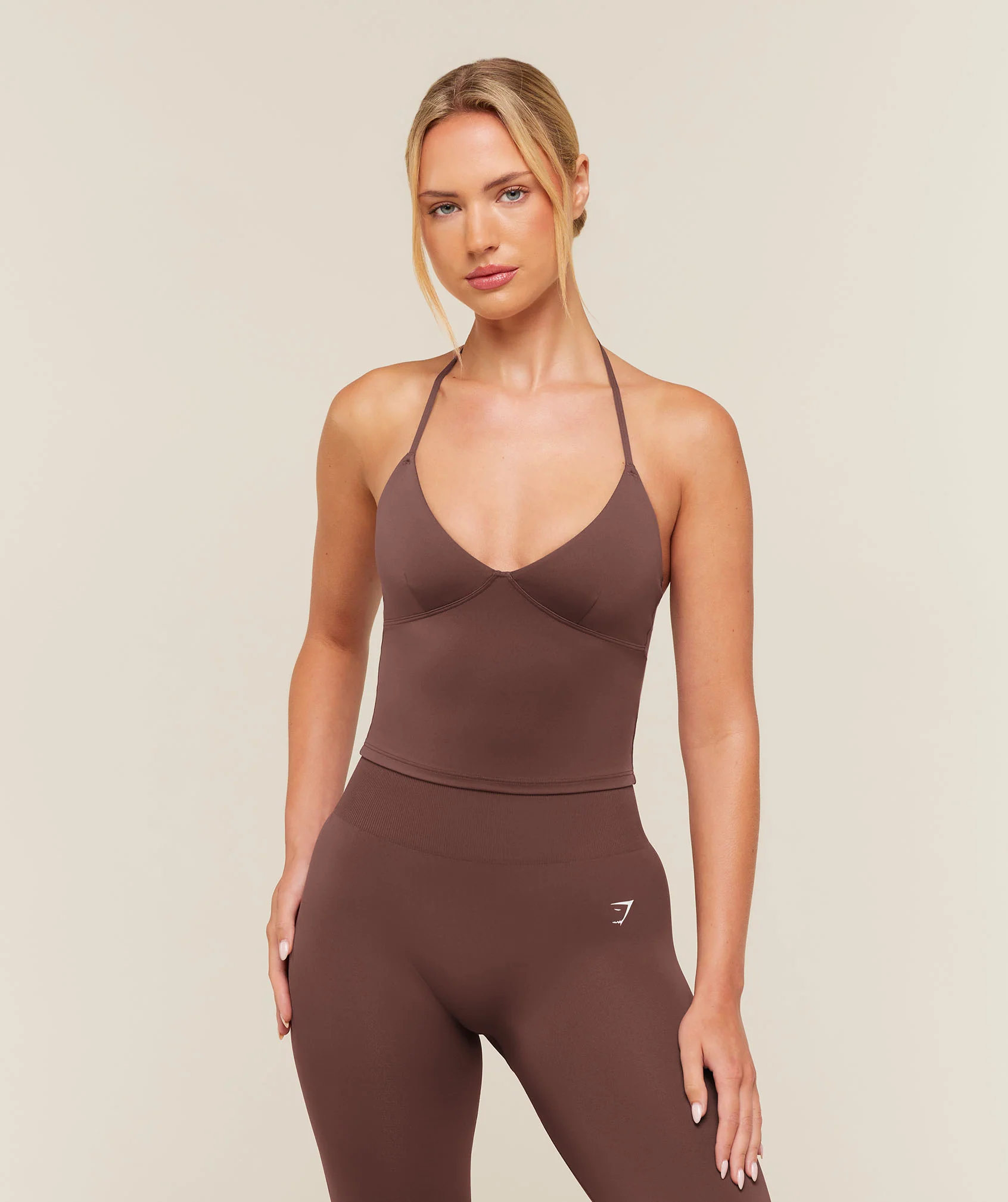 Training Scoop Back Halterneck Sleeveless Top in Brown