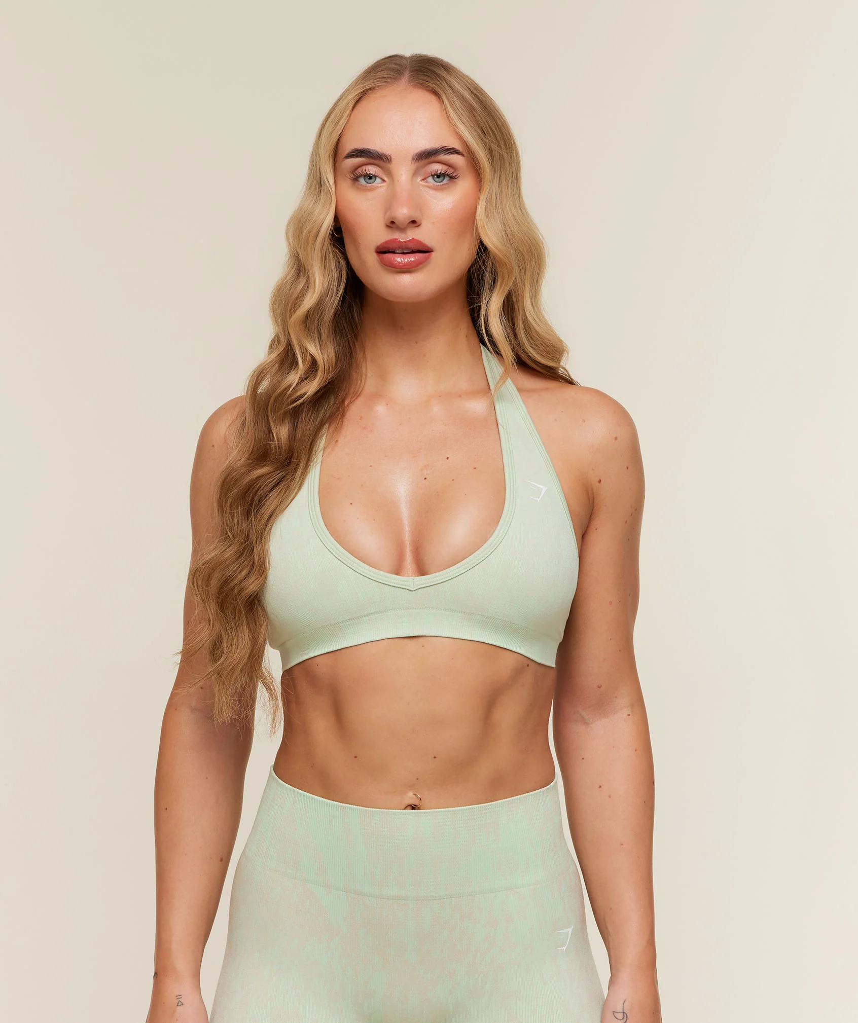 Adapt Animal x Whitney Halter Neck Sports Bra in Snow Leopard Print