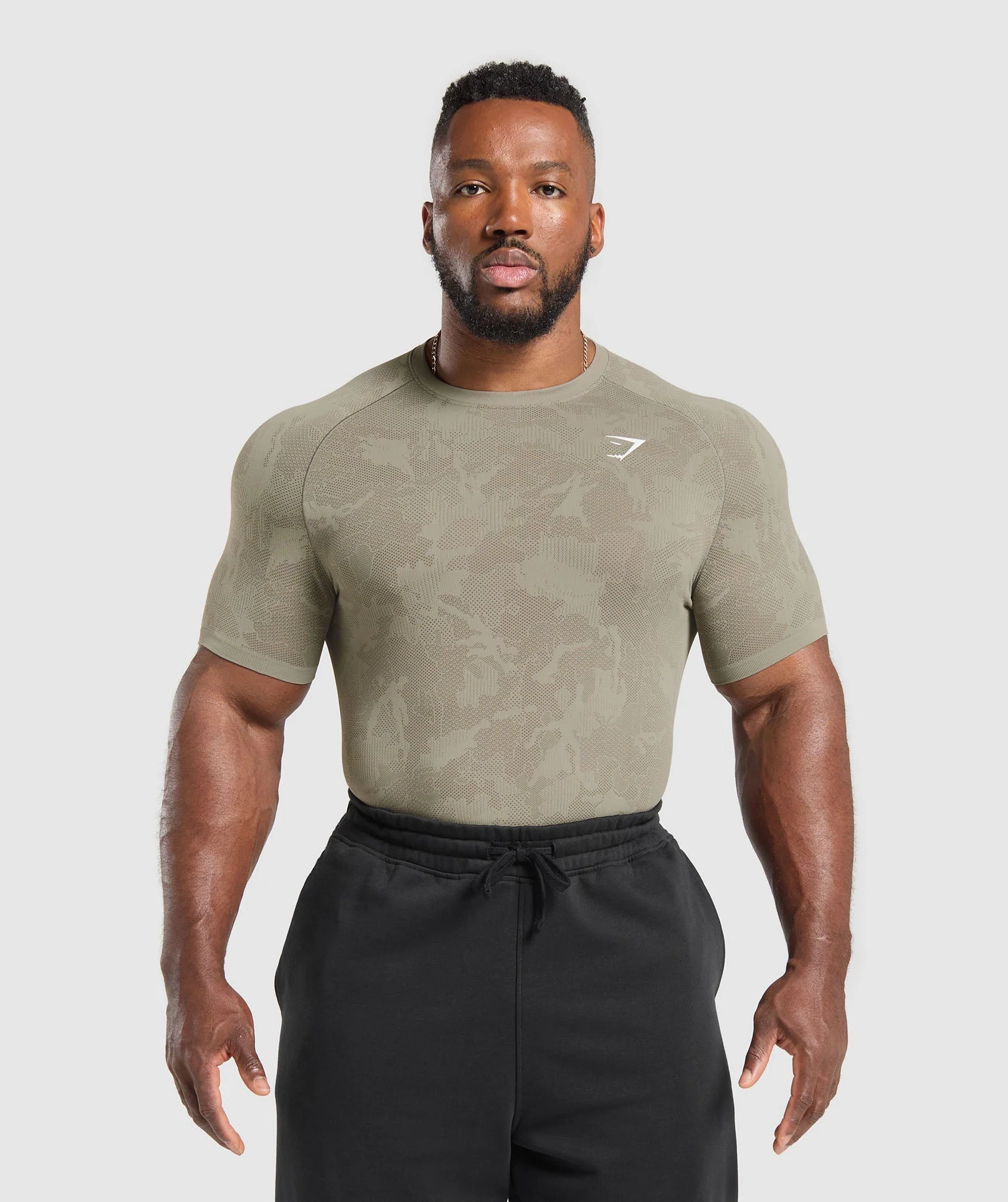 Geo Seamless T-Shirt in Linen Brown Camo with Raglan Sleeves