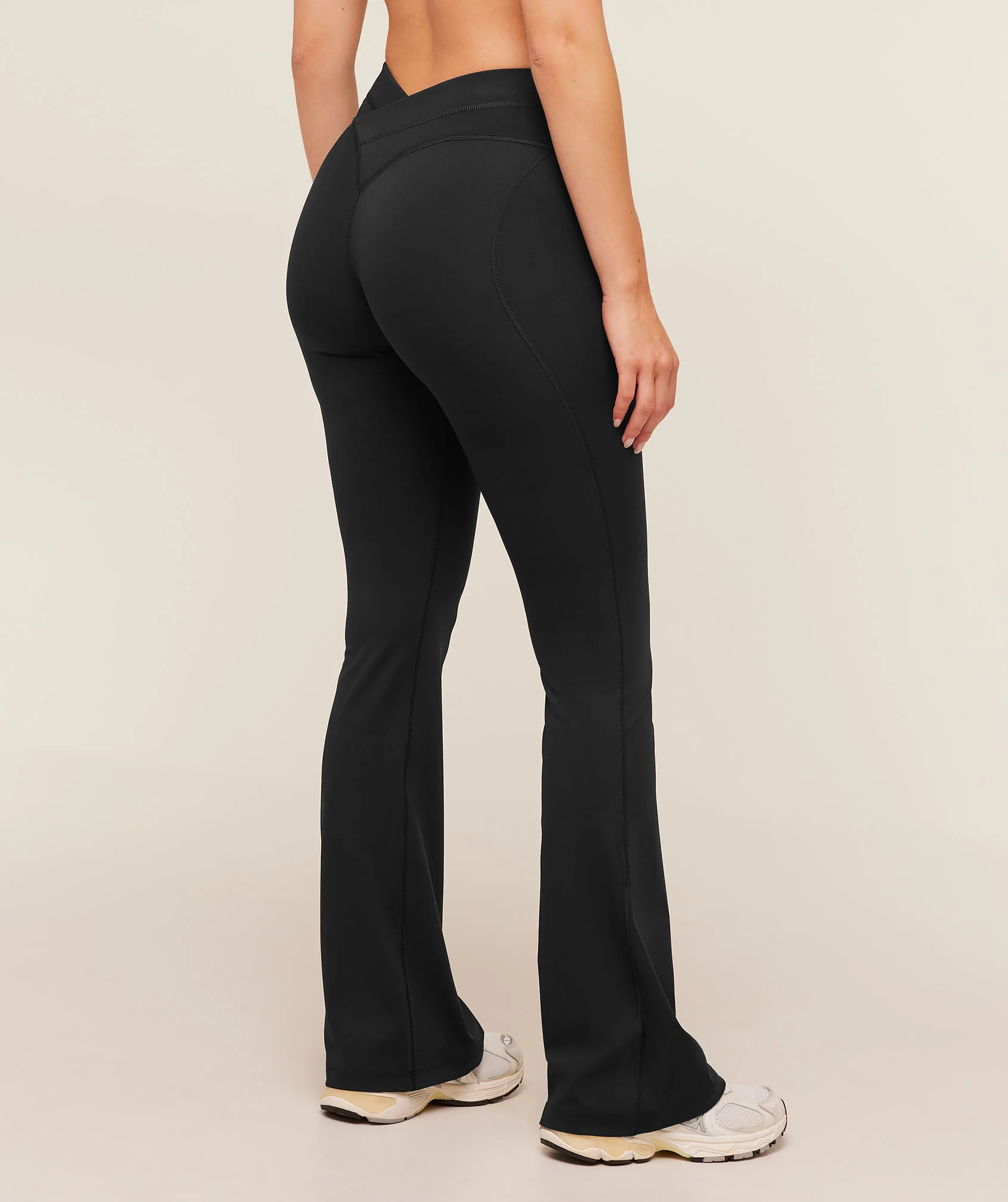 Crossover Back Flared Leggings in Black for Pilates and Yoga